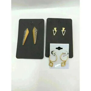 Womens Gold Tone Earrings Set Geometric Design Studs Hoops Rhinestone 3 Pairs